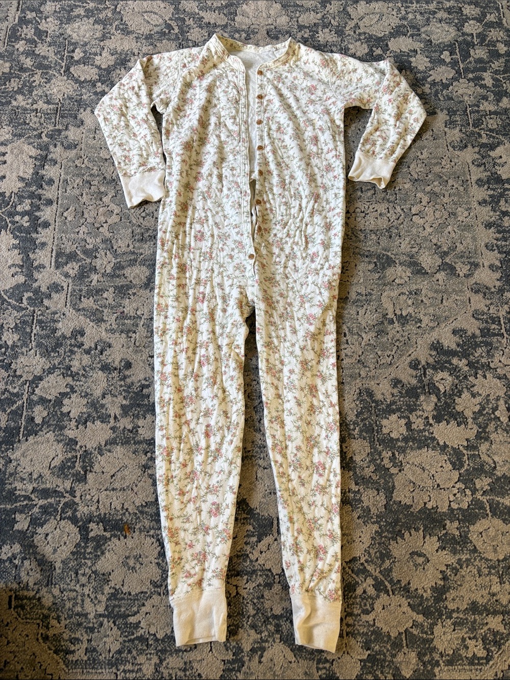 Duofold Union Suit Womens Thermal Floral Trap Door Button Long Sleeve Pajama